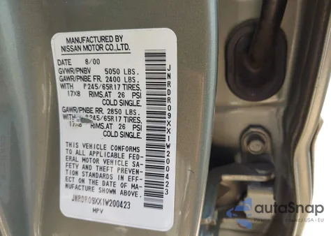 2001 Infiniti Qx4 Luxury z USA, uszkodzony, nr VIN JNRDR09XX1W200423